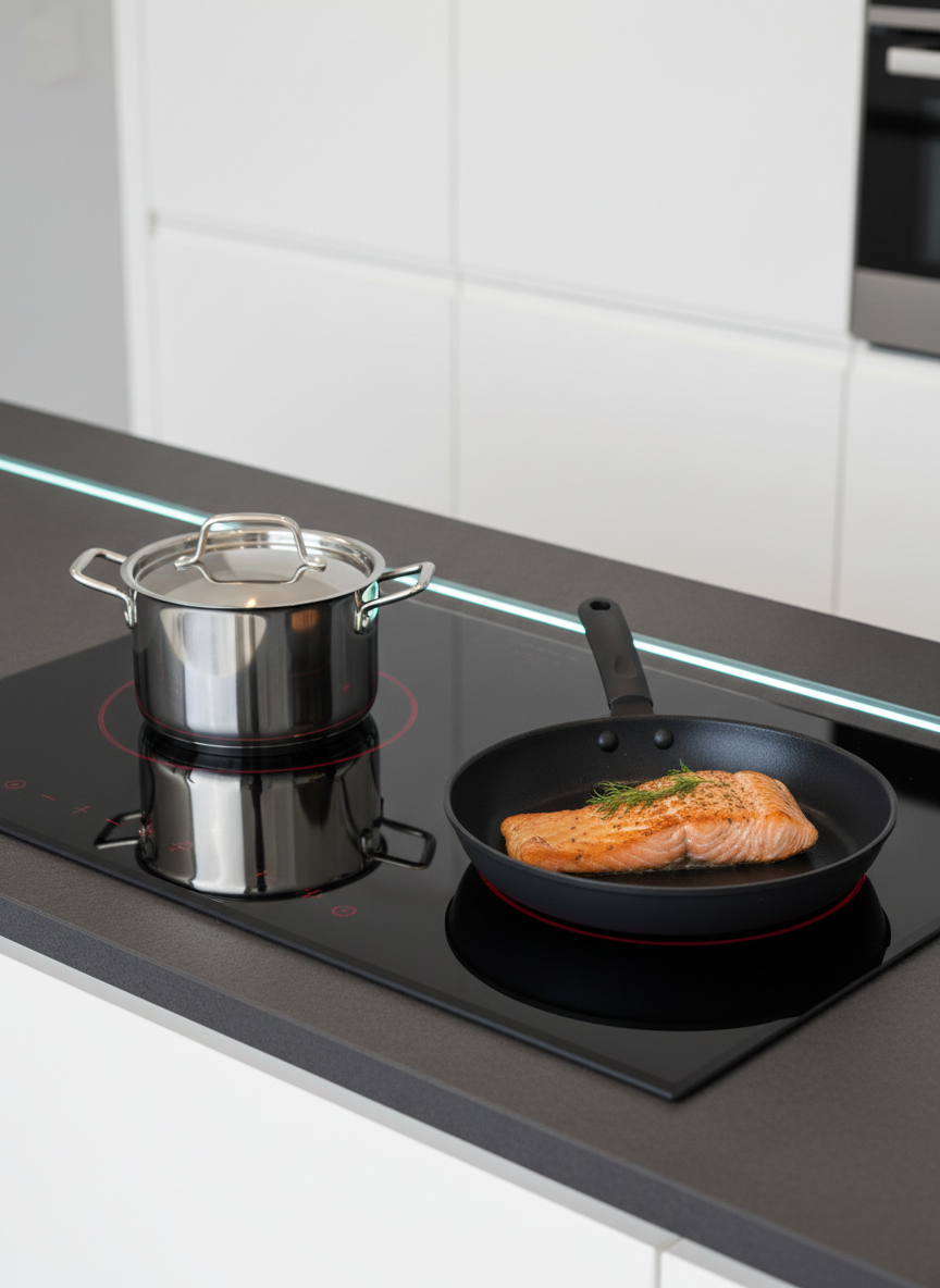 A high-end induction cooktop installed flush within a smooth, dark charcoal countertop, its sleek black glass surface showing delicate reflections of overhead lights. Two burners glow with a subtle red ring beneath the glass, supporting a polished stainless saucepan and a low, wide nonstick skillet with a perfectly seared salmon fillet. The background features a minimalist kitchen with handleless white cabinets, softly out of focus. Discreet under-cabinet LED lighting casts even, cool-toned illumination, accentuating the cooktop’s touch controls and icons. Photographed from a slightly elevated angle to showcase the full cooking surface, with moderate depth of field to maintain clarity without clutter. The atmosphere is sophisticated and efficient, rendered in clean, modern photographic realism suitable for a professional kitchen appliance showcase.