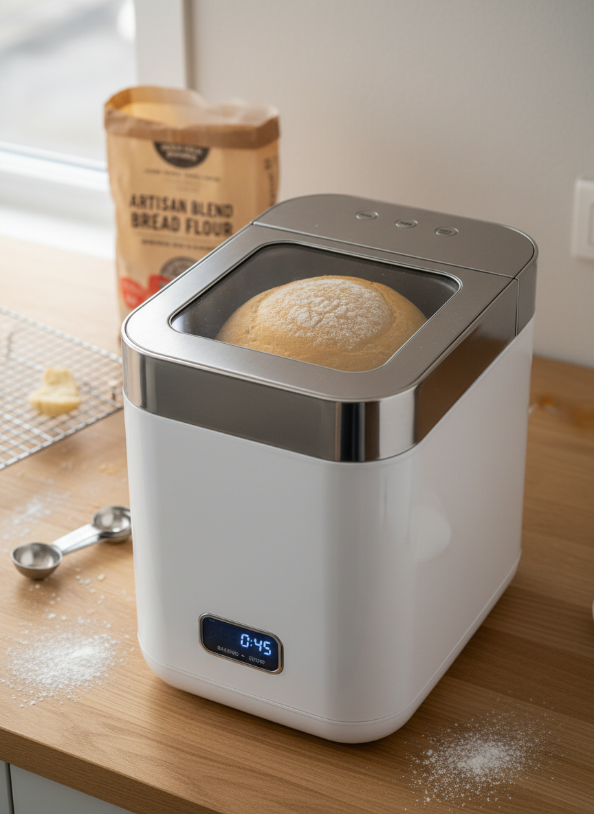A sleek white and silver bread maker with a rectangular window on top, through which a perfectly risen golden loaf is visible mid-bake. The machine rests on a warm beech wood countertop dusted lightly with flour, with a cooling rack, measuring spoons, and a small open bag of bread flour artistically blurred in the background. Soft, diffused overcast light from a nearby window creates understated highlights on the plastic and metal surfaces, while emphasizing the texture of the dough inside. Shot from a slightly elevated angle with a shallow depth of field that keeps the bread maker in sharp focus. The mood is calm, precise, and homely, with clean photographic realism that positions the appliance as a reliable partner for everyday baking.