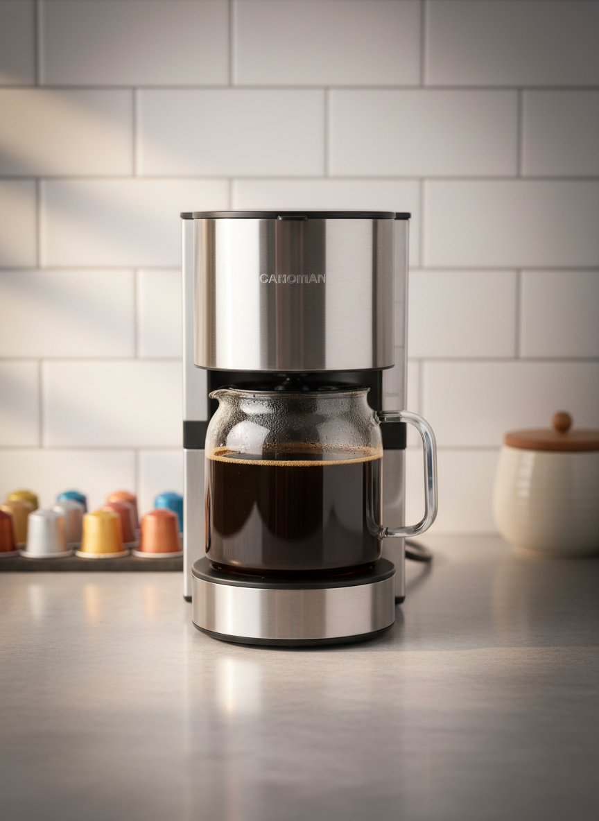 A compact, brushed stainless steel automatic coffee maker with a clear carafe half-filled with freshly brewed coffee, slight condensation beading near the top. It rests on a tidy, light gray stone countertop near a white subway tile backsplash, with a small tray of neatly arranged coffee capsules and a sugar jar softly blurred behind it. Early morning natural light filters from the left, creating subtle reflections on the metal and glass surfaces and a warm, cozy glow in the dark coffee. Captured at eye level with a centered composition and gentle vignette, the scene feels calm, professional, and reliable. Photographic realism highlights fine textures and crisp edges, presenting the coffee maker as an essential, refined part of a modern kitchen routine.
