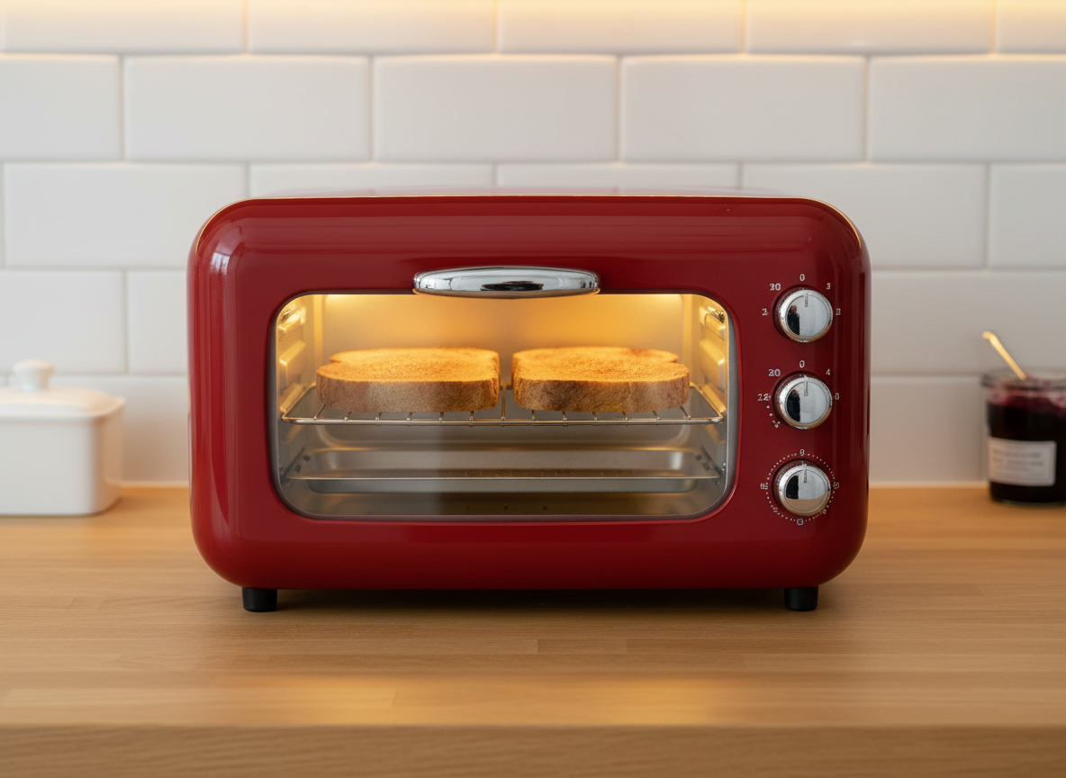 A compact, glossy red toaster oven with a retro-inspired design, chrome knobs, and a glass door showing evenly toasted slices of bread on a small wire rack. It sits against a simple white backsplash on a light oak counter, with a ceramic butter dish and a small jar of homemade jam softly blurred in the distance. Warm under-cabinet lighting illuminates the oven front, creating gentle reflections in the chrome details and subtle glow inside the cavity. Photographed straight-on at counter height, the composition is balanced and uncluttered, with a shallow depth of field drawing attention to the toaster oven’s design. The mood is cheerful yet professional, rendered in crisp photographic realism that highlights both function and style for a kitchen appliance catalog.