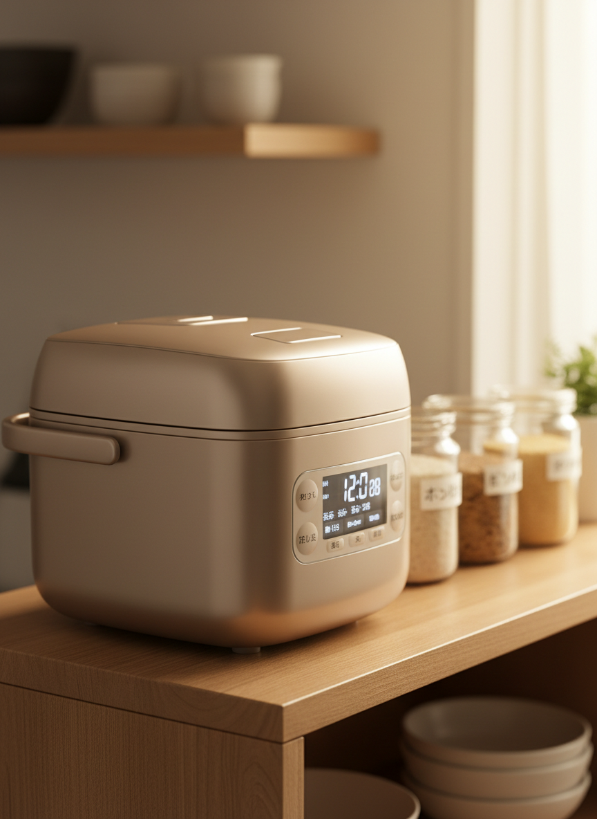 A compact Japanese-style tabletop IH rice cooker and pressure cooker combo in a subtle champagne gold finish, its lid closed and digital display glowing with precise cooking settings in Japanese characters. The unit sits on a neatly organized wooden kitchen shelf with small labeled jars of rice varieties and grains nearby, softly blurred. Gentle late-afternoon natural light from the right enhances the warm metallic tone and softly rounded edges of the appliance. Captured from an eye-level three-quarter angle, the composition follows the rule of thirds with the cooker as the clear focal point. The mood is expert yet approachable, suggesting advanced cooking technology in a domestic setting, captured in crisp photographic realism with a clean, professional aesthetic.