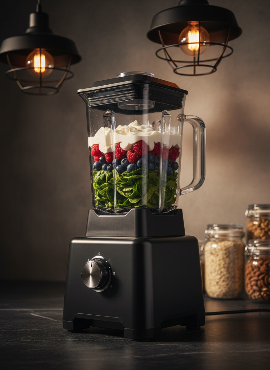 A high-powered, matte black blender with a transparent, thick-walled pitcher filled with colorful layered ingredients for a smoothie—vibrant green spinach, bright red berries, creamy yogurt, and ice cubes catching the light. The blender stands firmly on a dark stone countertop, with a neatly organized background of glass jars filled with grains and nuts, softly blurred. Overhead pendant lighting casts a focused, warm glow on the blender base and control dial, creating crisp highlights and gentle shadows that emphasize its solid construction. Shot from a slightly low, close-up angle to convey power and precision, with a shallow depth of field isolating the appliance. The mood is energetic yet controlled, in clean, modern photographic realism that underscores performance-oriented kitchen tools.