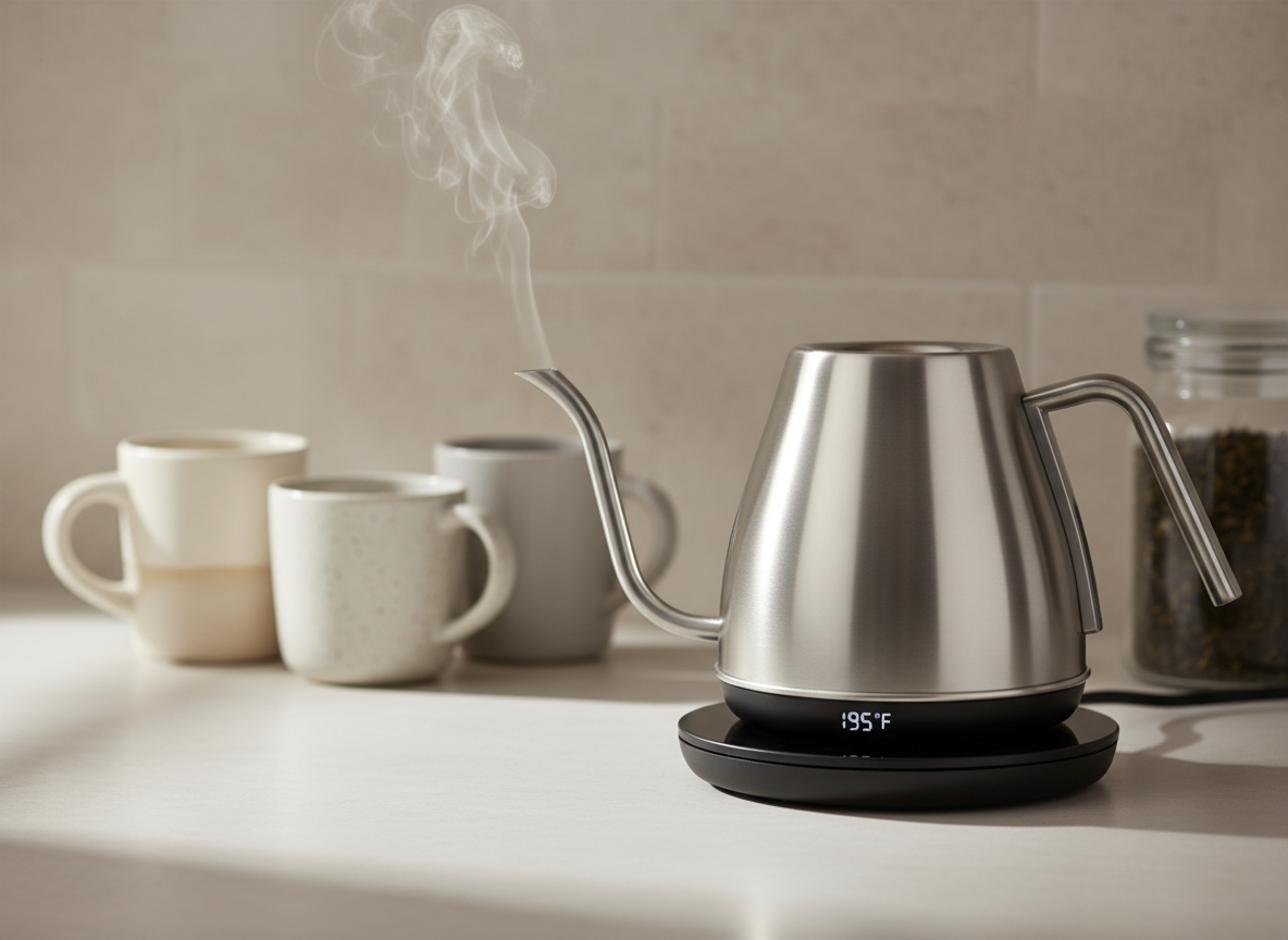 A precision electric kettle with a gooseneck spout in brushed stainless steel, sitting on a minimal black base with a discrete LED temperature display. Steam gently rises from the narrow spout, catching the soft morning light streaming across a pale stone countertop. In the blurred background, a clean arrangement of ceramic mugs and a small glass jar of tea leaves rests near a neutral-toned backsplash. The lighting creates fine highlights along the curved metal surfaces and a delicate shadow beneath the base. Captured from a close, slightly elevated angle, the composition uses a shallow depth of field to emphasize the kettle’s refined form and technical details. The mood is calm, precise, and professional, with a modern photographic realism suited to high-quality kitchen equipment.