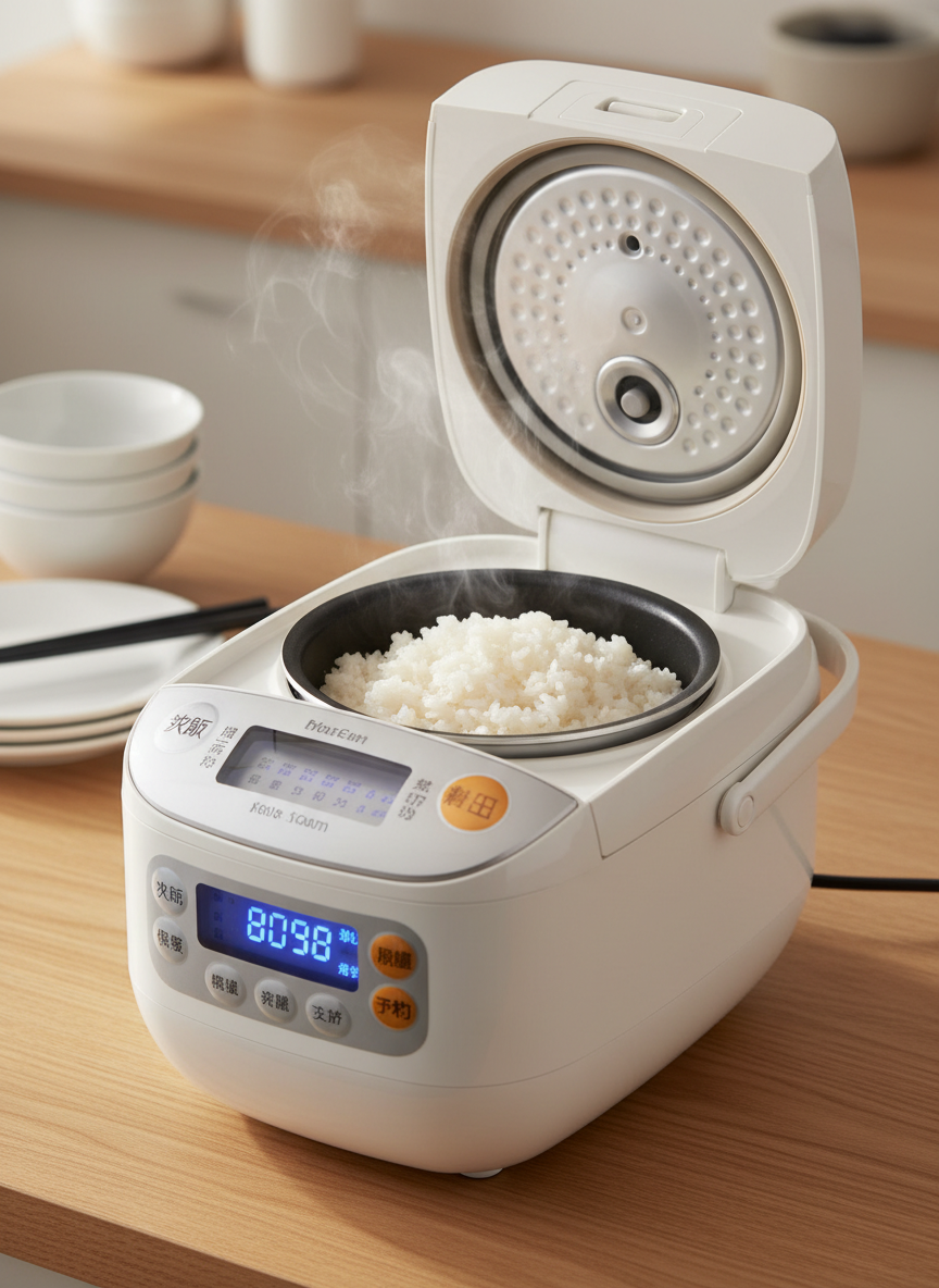 A glossy white multi-function rice cooker with a curved, compact body and a crisp, backlit Japanese-language control panel, positioned on a light maple wood counter. The open lid reveals perfectly steamed, fluffy white rice with a hint of steam rising, while ceramic rice bowls and lacquered chopsticks sit artfully blurred in the background. Soft, diffused afternoon light from the side highlights the cooker’s smooth surfaces and subtle metallic accents, creating a calm and orderly kitchen atmosphere. Captured from a three-quarter angle at counter height, with the rice cooker placed on the rule of thirds for balanced composition. The image embraces clean photographic realism and a professional, trustworthy mood, ideal for illustrating dependable everyday kitchen appliances.