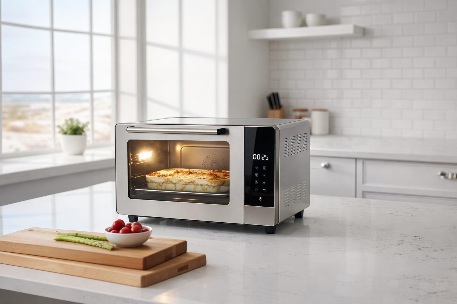 キッチン家電 A sleek stainless steel countertop oven with a digital touch panel, illuminated timer display, and transparent glass door showing a perfectly browned gratin inside. The oven sits on a spotless white quartz kitchen island with subtle gray veining, surrounded by neatly arranged wooden cutting boards and a small bowl of fresh vegetables slightly out of focus. Soft morning daylight enters from an unseen window, creating gentle reflections on the brushed metal surface and casting delicate shadows on the counter. Photographed at a slightly elevated eye-level angle with shallow depth of field, emphasizing the appliance’s clean lines and premium finish. The mood is professional yet inviting, with a photographic realism and a modern, minimalist aesthetic suitable for a high-end kitchen appliance catalog.
